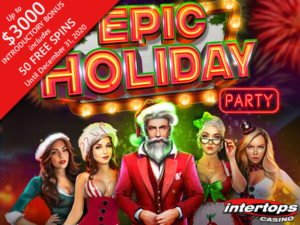 Get 50 Free Spins on RTG's Christmas themed "Epic Holiday Party" Slot at Intertops Casino